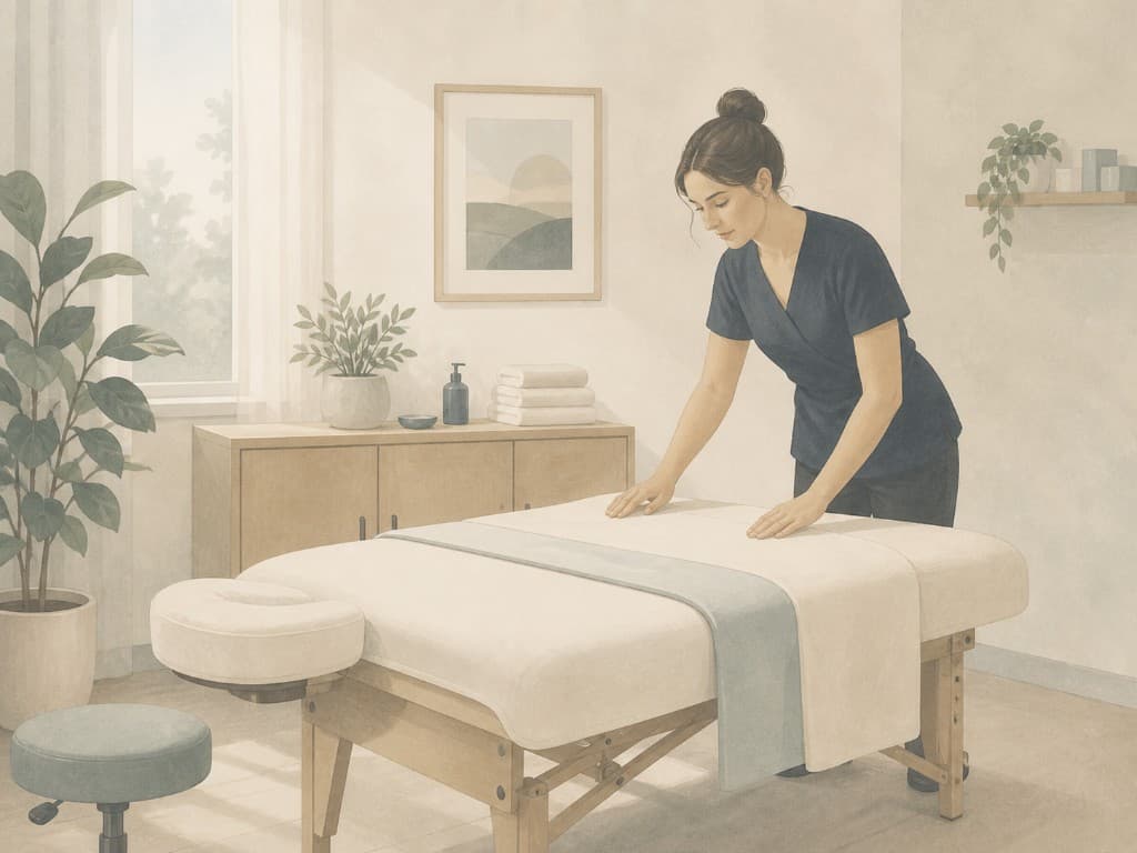 Registered massage therapist in navy scrubs preparing a wooden treatment table in a calm wellness clinic