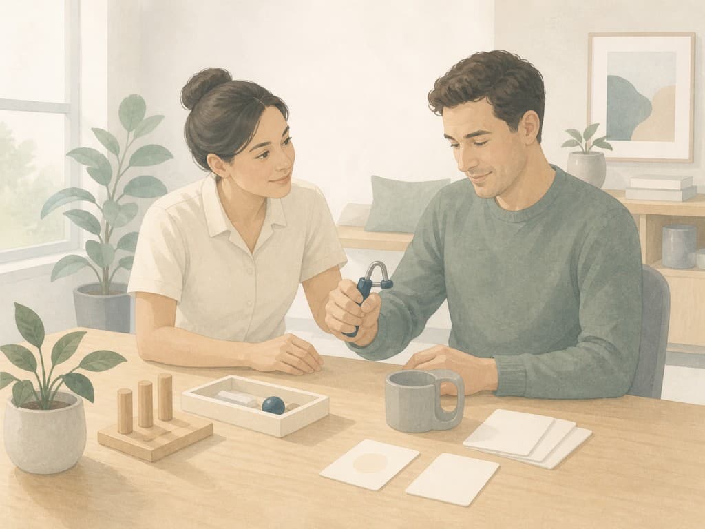 Occupational therapist guiding a client through hand strengthening exercises in a bright therapy room