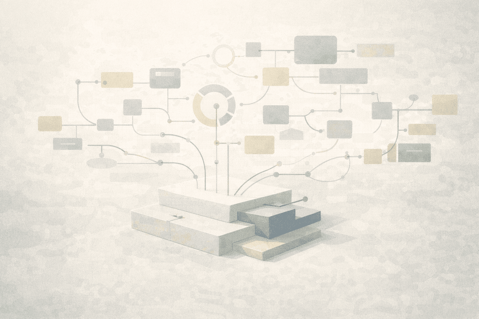 Abstract illustration of structured systems and operational leverage building from a clear foundation—scalable practice design