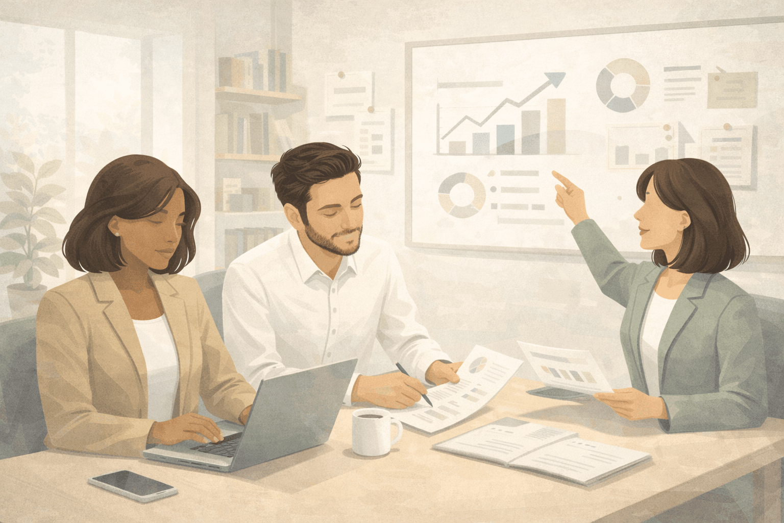 Therapist or practice owner in a collaborative setting reviewing documents with team member