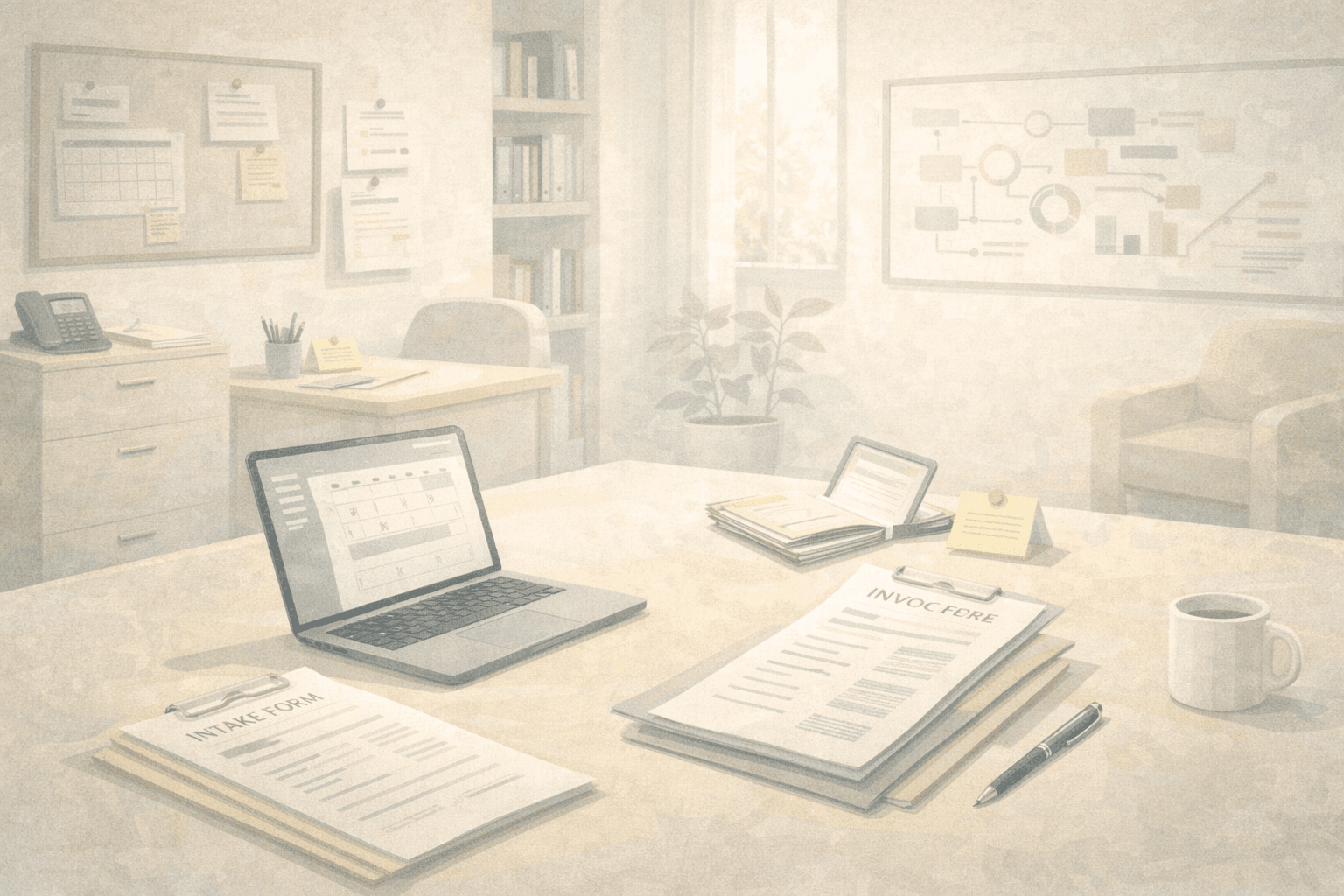 Behind-the-scenes of therapy practice operations - organized office workspace