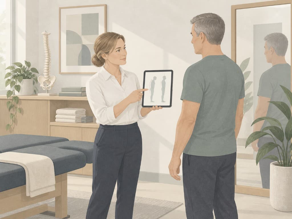 Chiropractor explaining posture assessment on a tablet to a patient in a modern Ontario chiropractic clinic