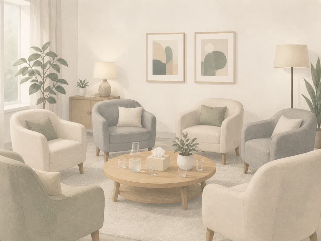 Professional group therapy room ready for a multi-clinician private practice