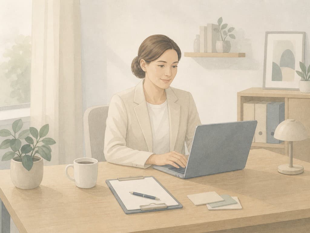 Therapy practice owner managing digital intake and booking workflows on a laptop