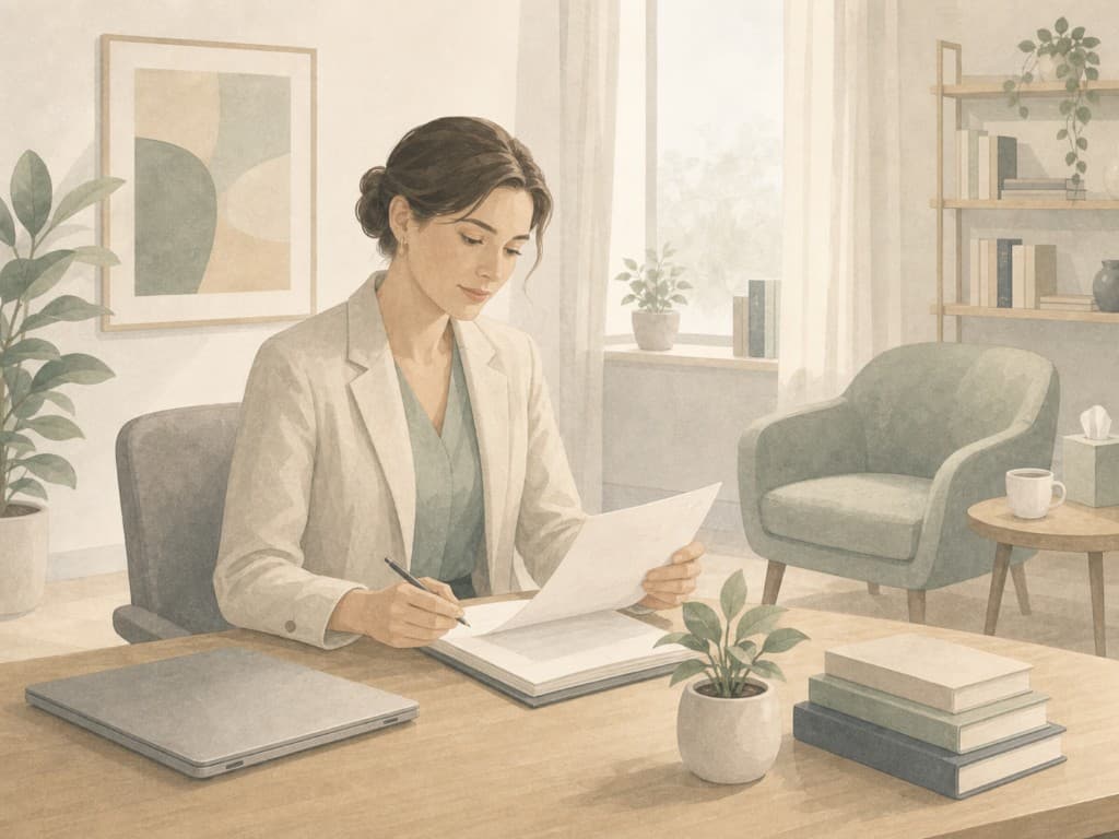 Psychologist writing session notes at a desk in a calm, modern private practice office