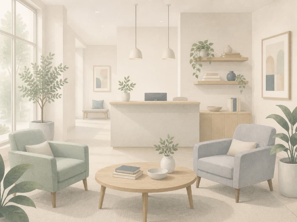 Calm therapy practice reception and waiting area designed for professional client experience