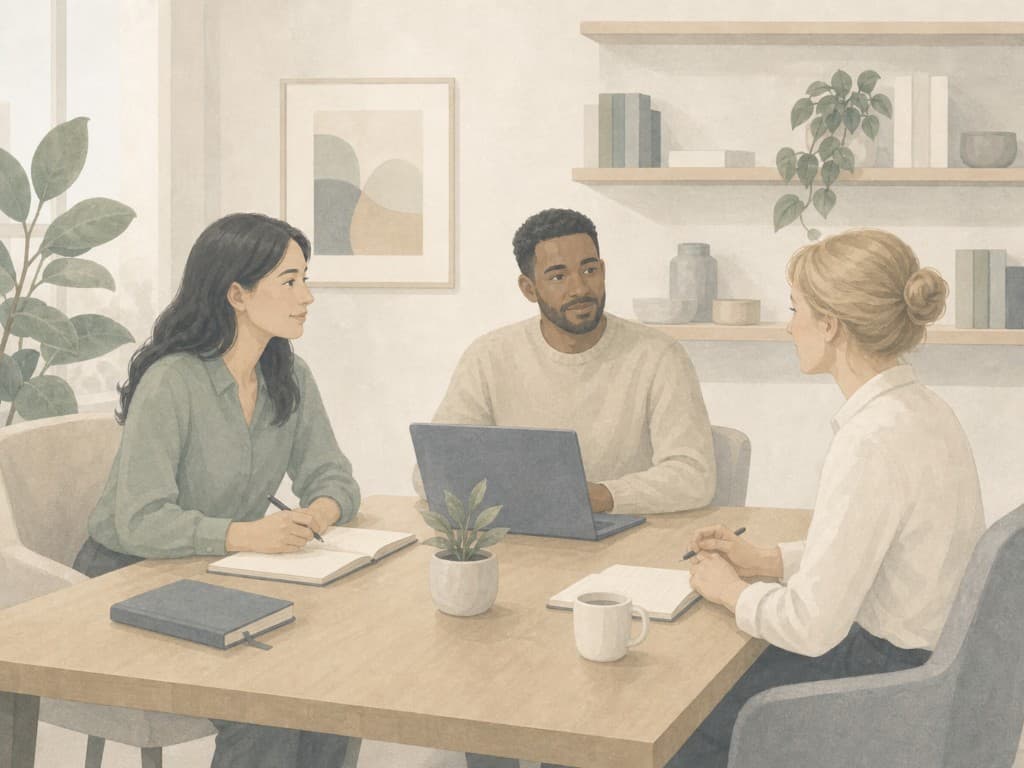 Group therapy practice team collaborating on hiring and clinic growth plans