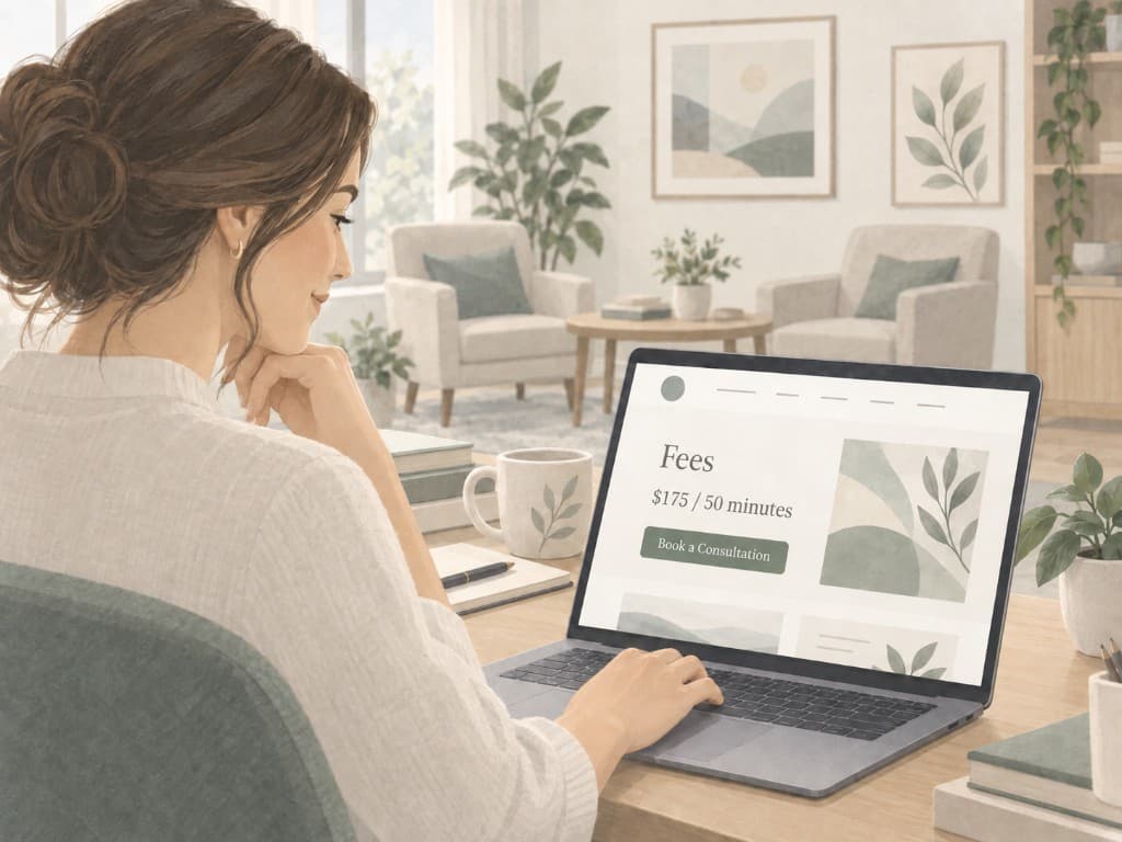 Therapist reviewing her practice website fees page and Book a Consultation button on a laptop in a calm therapy office