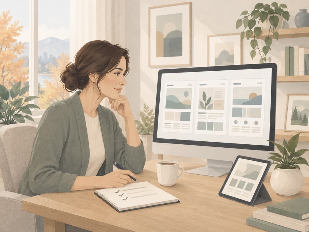 Practice owner comparing responsive website builder templates on a desktop monitor and tablet while planning a therapist website