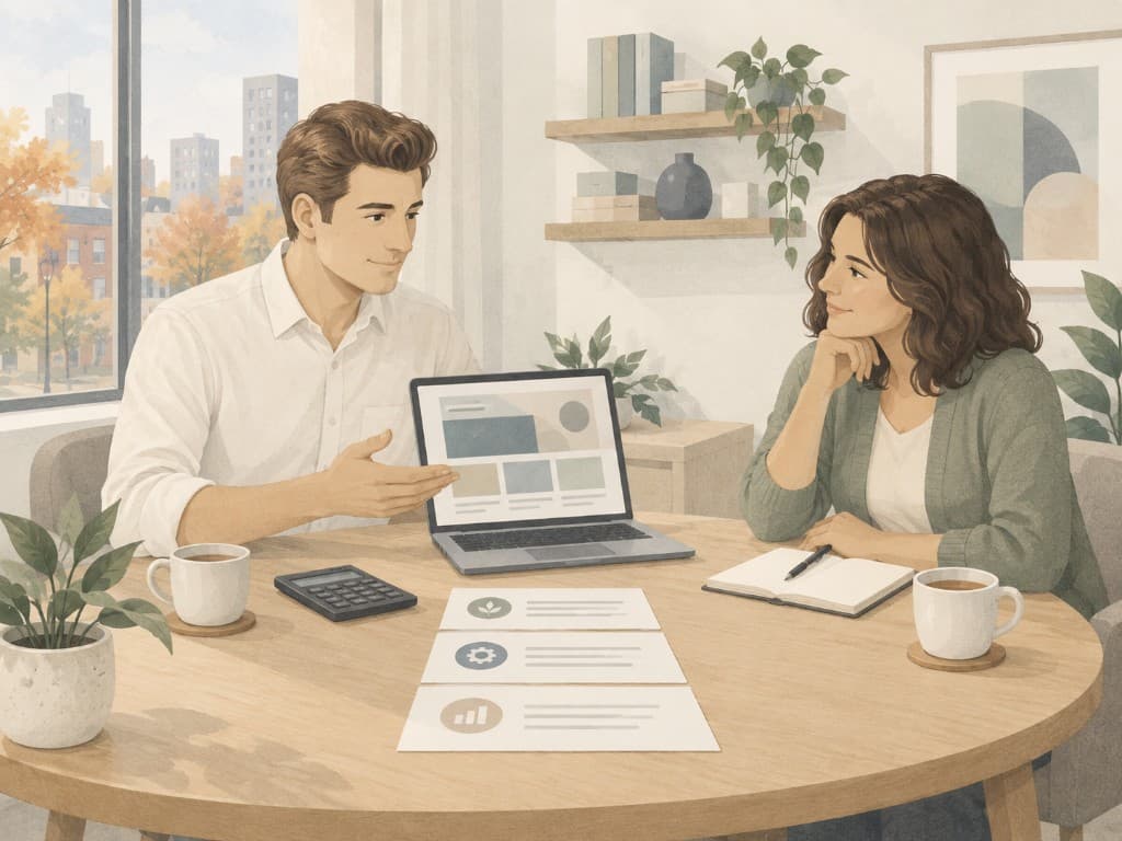 Consultant and clinic owner reviewing website pricing options and service plans on a laptop during a practice website cost discussion