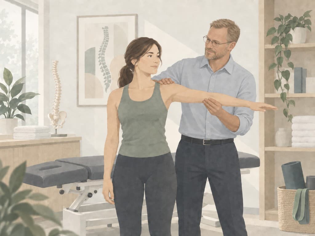 Chiropractor assessing a patient's shoulder and arm in a clinic treatment room with an adjustment table