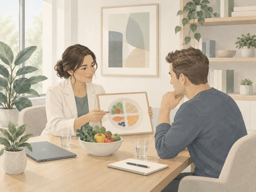 Dietitian reviewing a balanced-plate diagram with a client at a wooden table in a bright private-practice office
