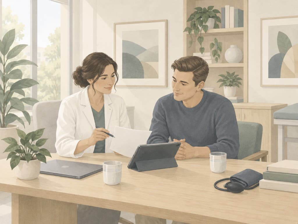 Naturopath reviewing a care plan with a patient at a wooden desk in a bright clinic office