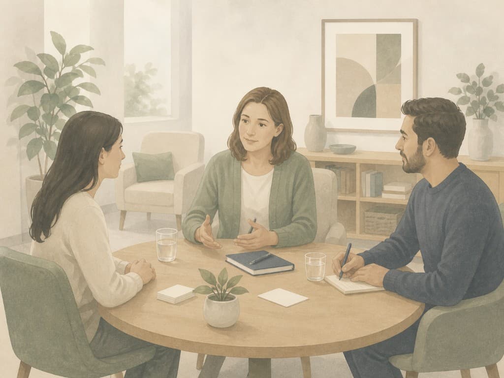 Social worker leading a couples consultation around a wooden table in a bright, welcoming practice office