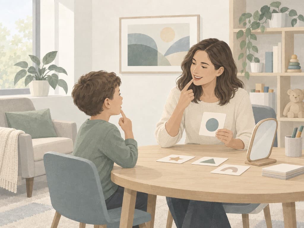 Speech-language pathologist practicing articulation with a child using picture cards at a round therapy table