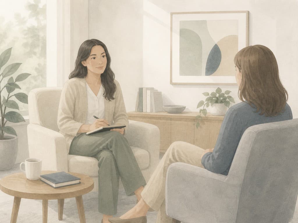 Therapist listening and taking notes during a one-on-one counseling session in a calm, modern practice office